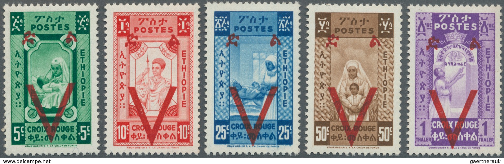 Äthiopien: 1945, Victory Issue Unissued Red Cross Stamps With Opt. Of A Large ‚V‘ Complete Set Of Fi - Etiopía