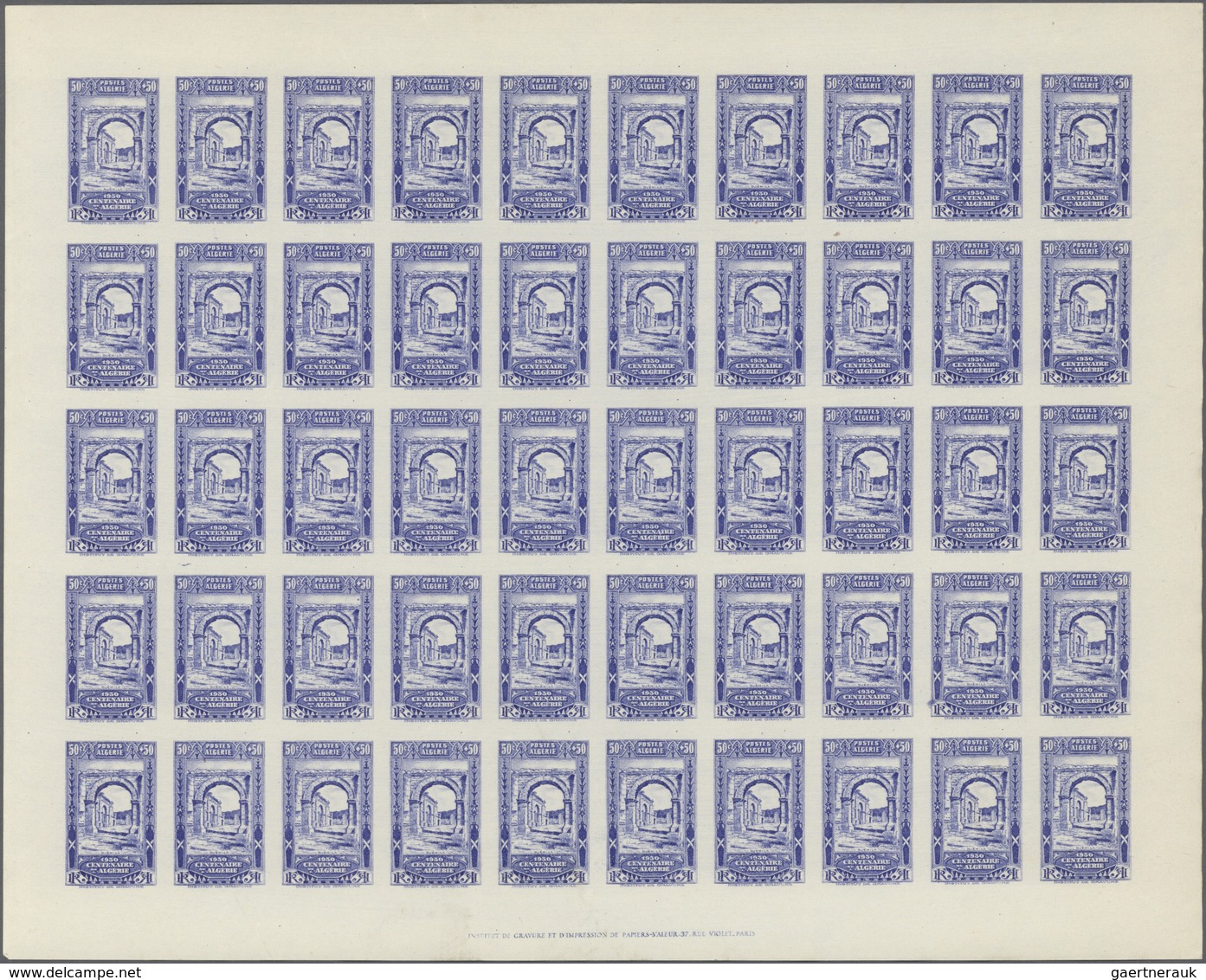 Algerien: 1930, 100th Anniversary Of Conquest, 50c. Ultramarine, IMPERFORATE Sheet Of 50 Stamps Unmo - Briefe U. Dokumente