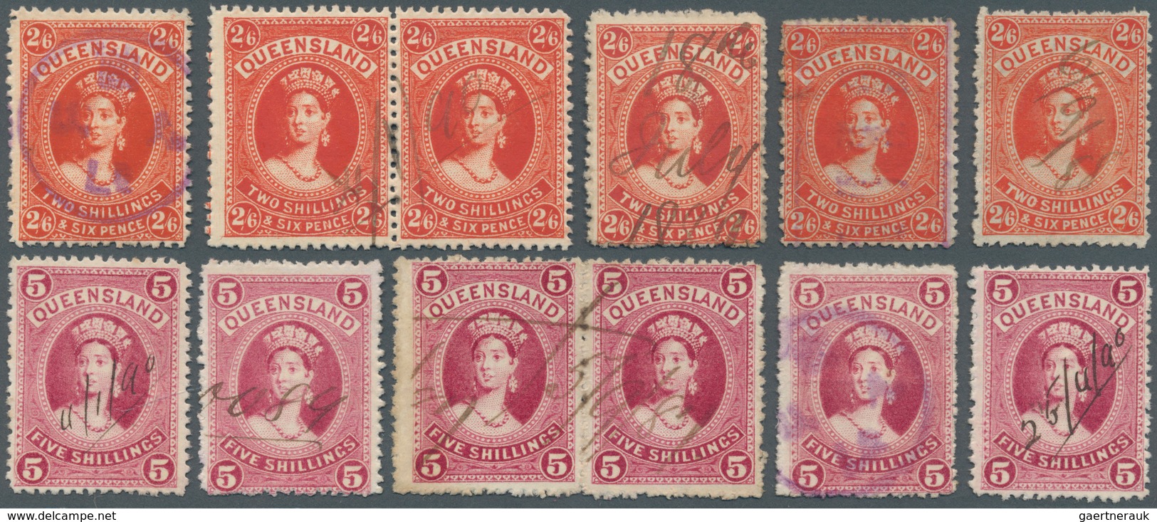 Queensland: 1882/1900 (ca.), QV Heads Large Types 2s.6d. Vermilion, 5s. Rose, 10s. Brown And £1 Deep - Cartas & Documentos