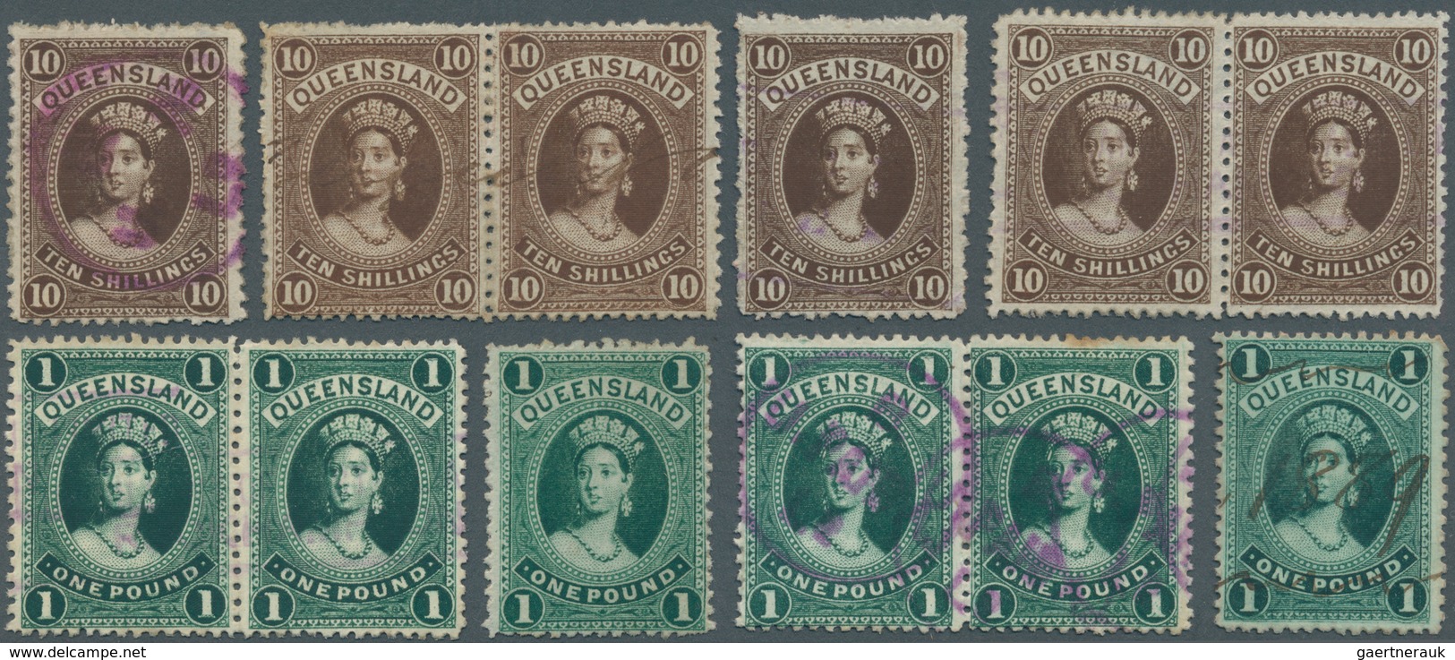 Queensland: 1882/1900 (ca.), QV Heads Large Types 2s.6d. Vermilion, 5s. Rose, 10s. Brown And £1 Deep - Cartas & Documentos