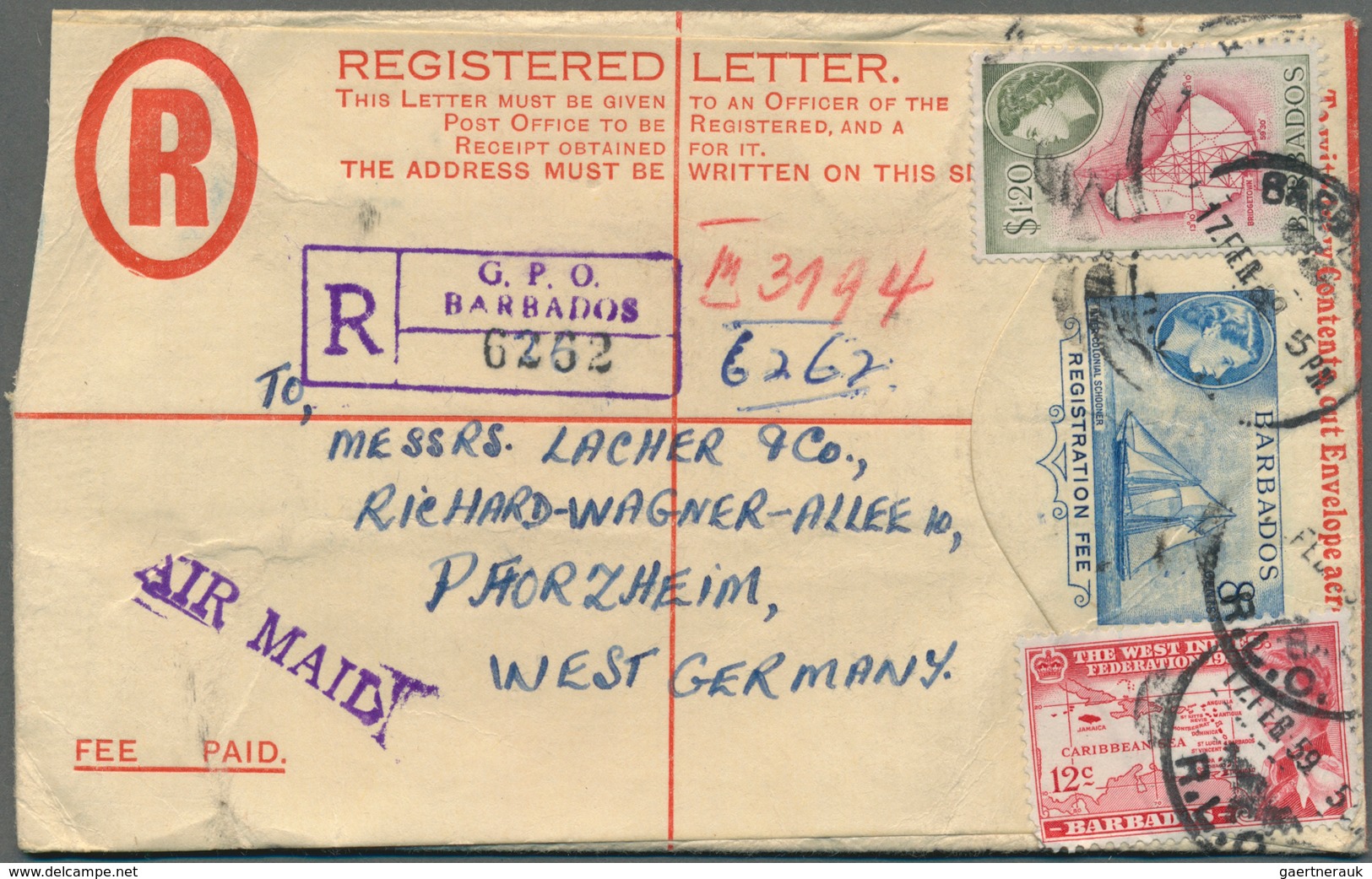 Barbados: 1958/1960, Group Of Four Uprated Registered Stationery Envelopes 8c. Blue, Sent To Pforzhe - Barbades (1966-...)