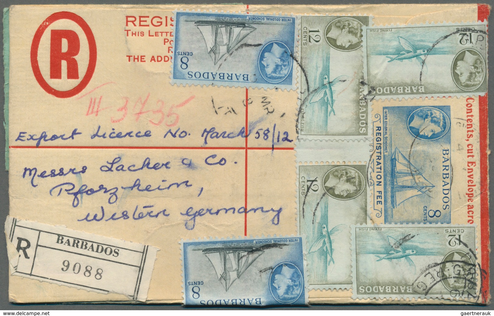 Barbados: 1958/1960, Group Of Four Uprated Registered Stationery Envelopes 8c. Blue, Sent To Pforzhe - Barbades (1966-...)