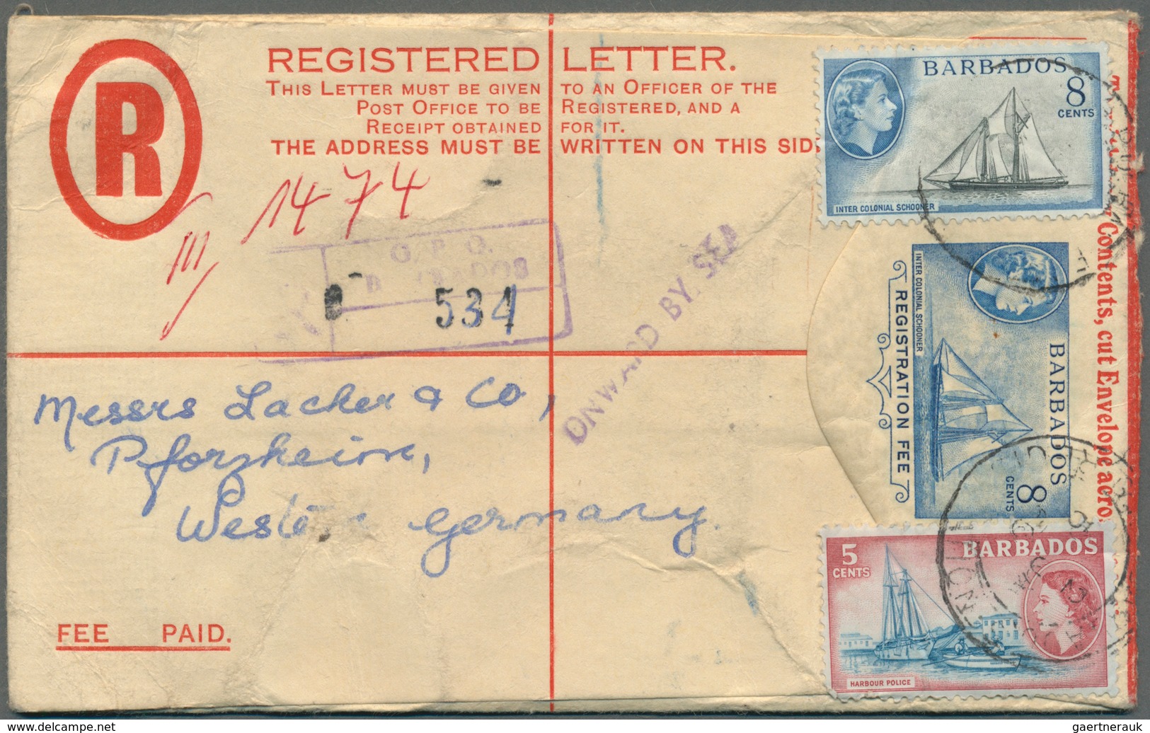 Barbados: 1958/1960, Group Of Four Uprated Registered Stationery Envelopes 8c. Blue, Sent To Pforzhe - Barbados (1966-...)