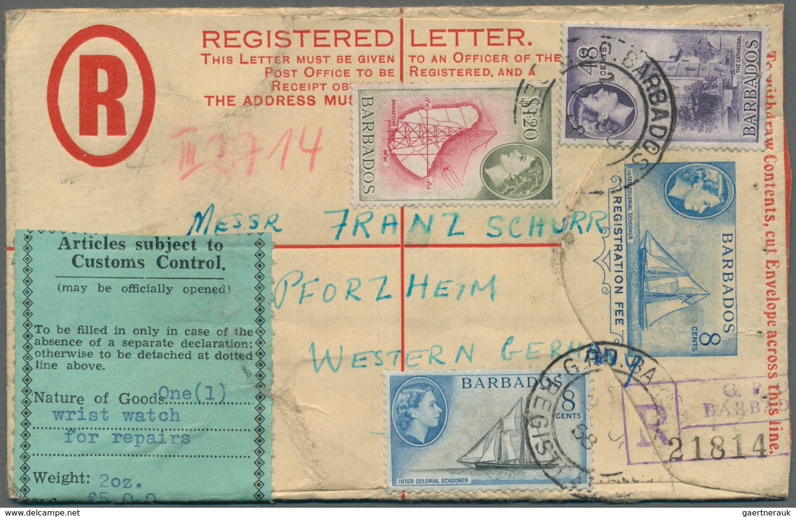 Barbados: 1958/1960, Group Of Four Uprated Registered Stationery Envelopes 8c. Blue, Sent To Pforzhe - Barbados (1966-...)