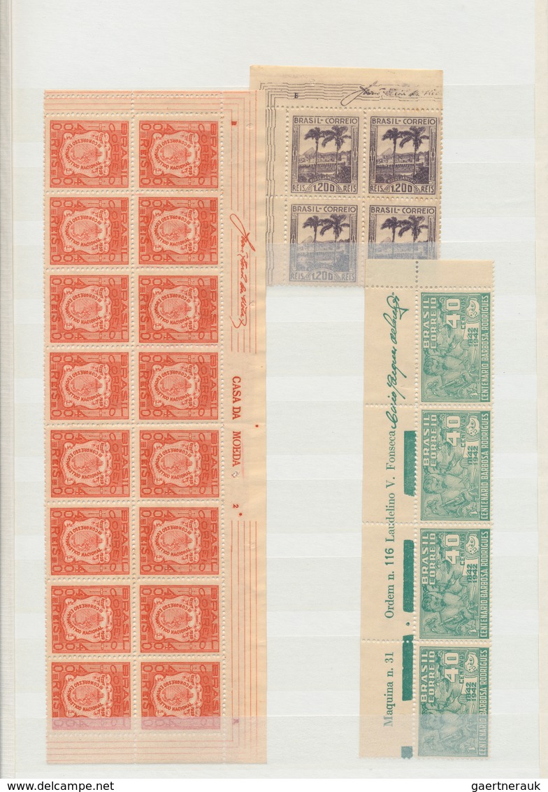 Brasilien: 1919/1958, MARGIN IMPRINTS, Splendid Mint Collection Of 225 Units Up To Blocks Of 70, Sho - Unused Stamps