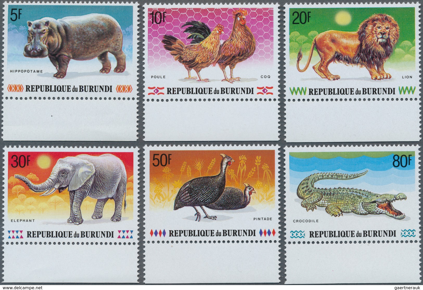 Burundi: 1991, Animals Complete Set Of Six (elephant, Lion, Crocodile, Hippopotamus, Guinea Fowl And - Autres & Non Classés