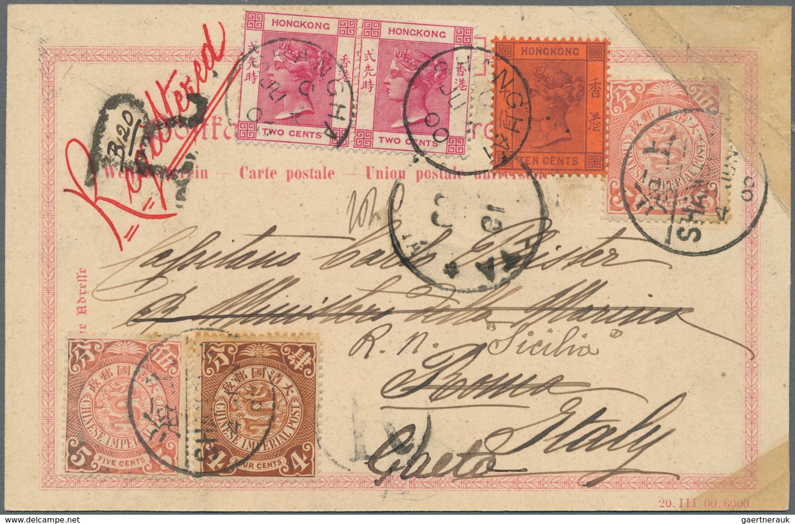 China: 1899/1933, Covers (2), Ppc (2) Inc. Combination R-card Shanghai To Italy 1900, And On Piece W - 1912-1949 République