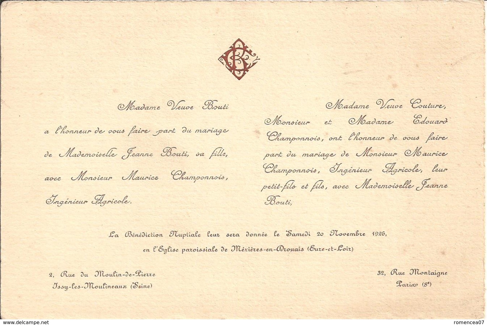 92 ISSY-les-MOULINEAUX Et PARIS 8e - Faire-Part De Mariage Entre Maurice CHAMPONNOIS Et Jeanne BOUTI - 20 Novembre 1926 - Annunci Di Nozze