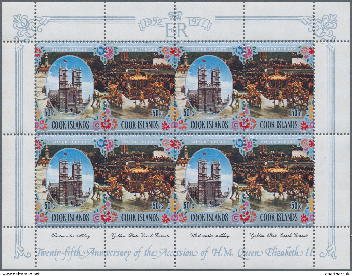 Cook-Inseln: 1977, 25th Anniversary Of The Accession Of QEII Complete Set In 38 Sheetlets Of Eight ( - Islas Cook