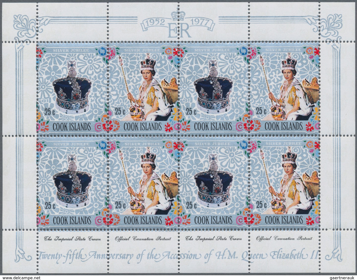 Cook-Inseln: 1977, 25th Anniversary Of The Accession Of QEII Complete Set In 38 Sheetlets Of Eight ( - Islas Cook