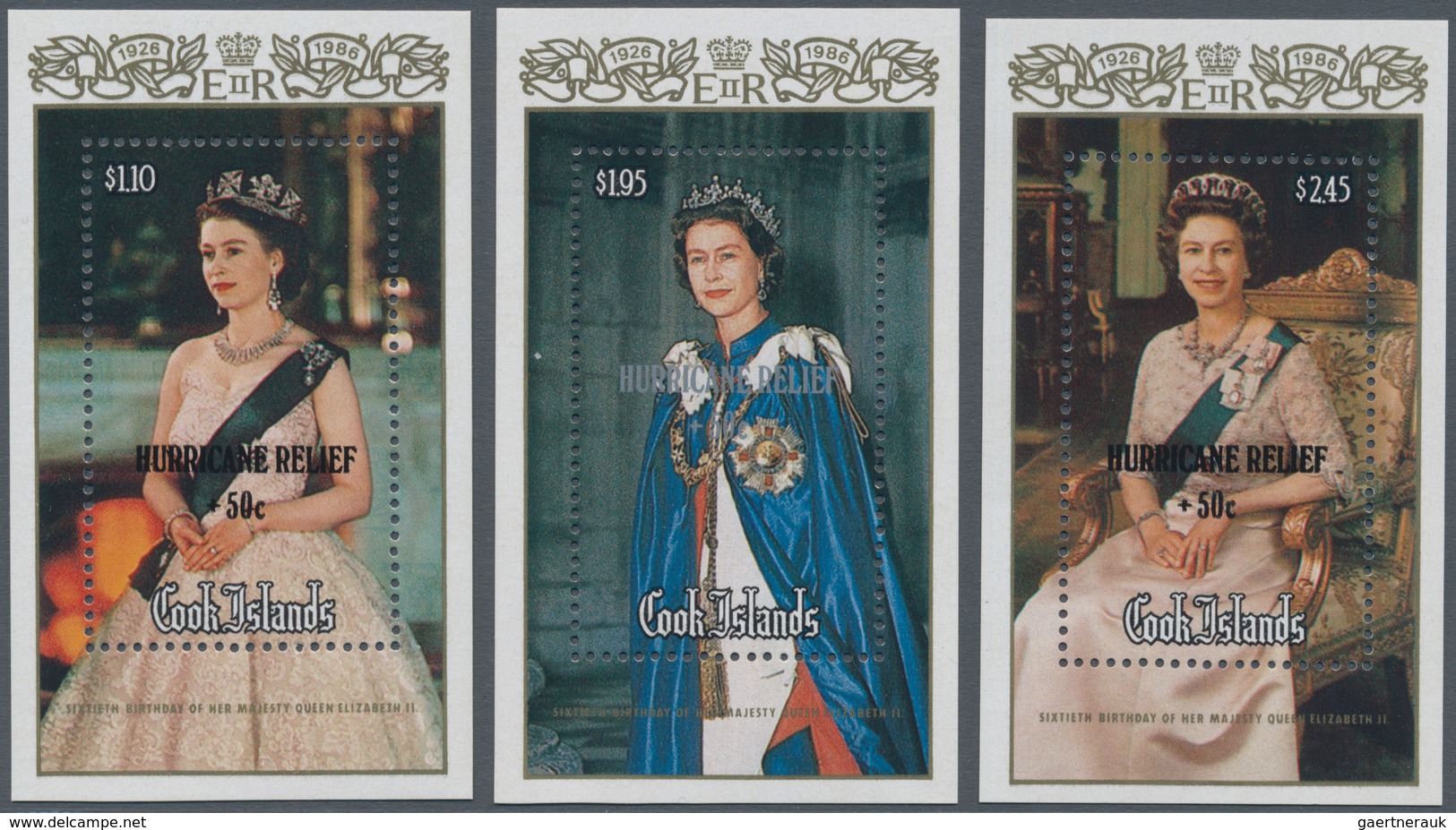 Cook-Inseln: 1987, 60th Birthday Of QEII Complete Set Of Three Miniature Sheets With Black Or Silver - Cook
