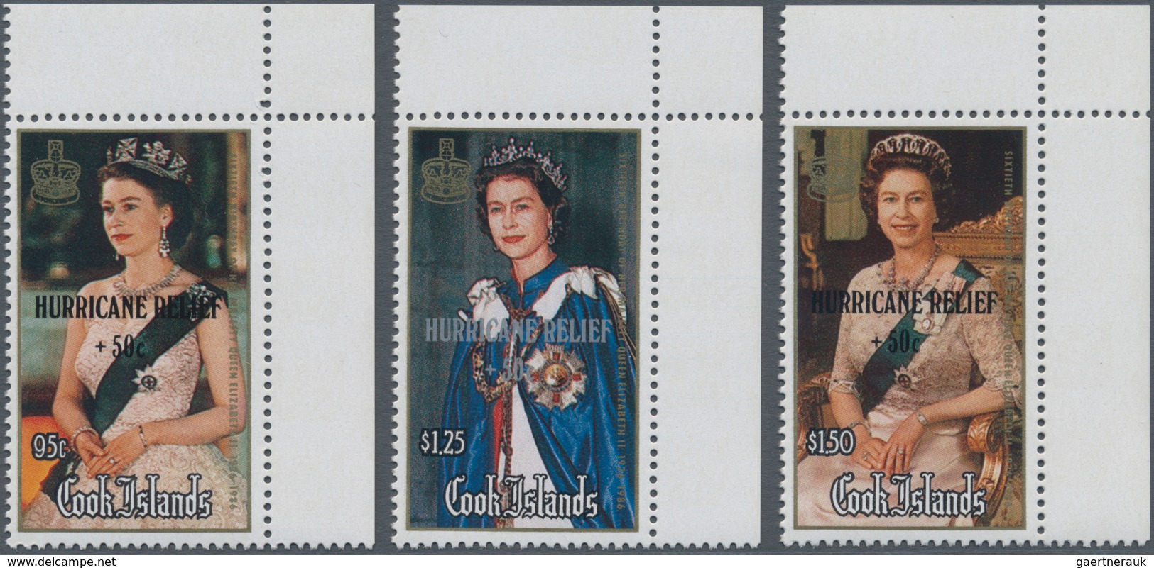 Cook-Inseln: 1987, 60th Birthday Of QEII Complete Set Of Three With Black Or Silver Opt. ‚HURRICANE - Islas Cook