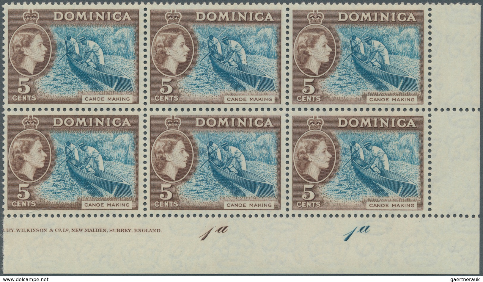 Dominica: 1957, QEII Definitive 5c. Light-blue/sepia-brown ‚Canoe Making‘ In A Lot With 50 Stamps Mo - Dominique (1978-...)
