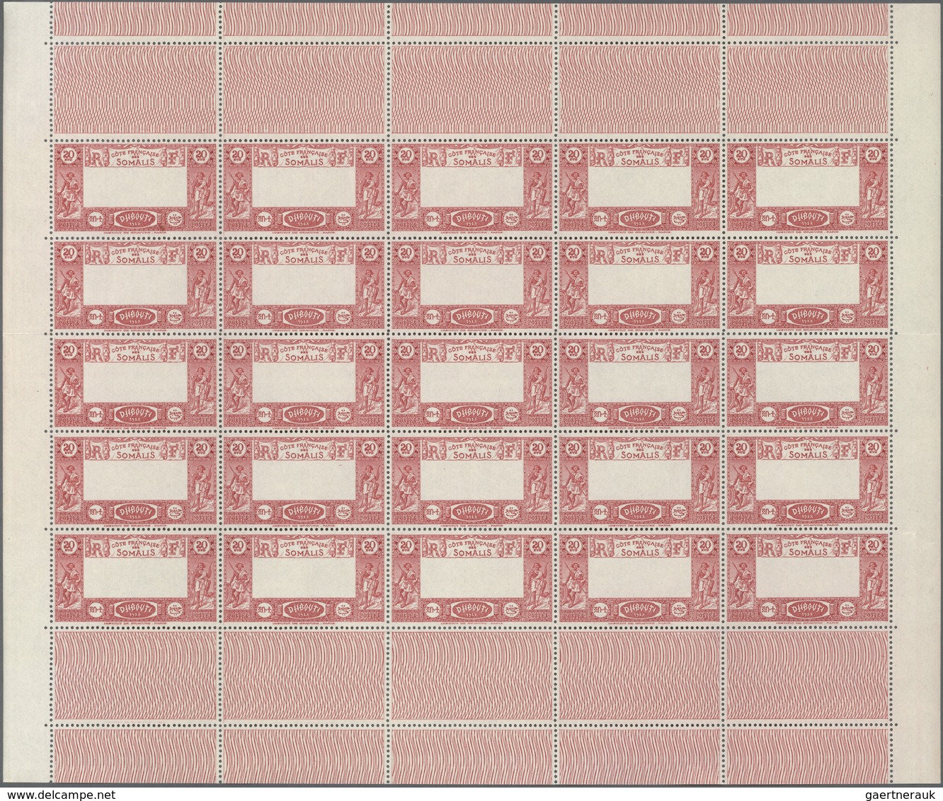 Dschibuti: 1938, Definitives "Views Of Djibouti", 20fr. Showing Variety "Missing Centre", (folded) P - Otros & Sin Clasificación