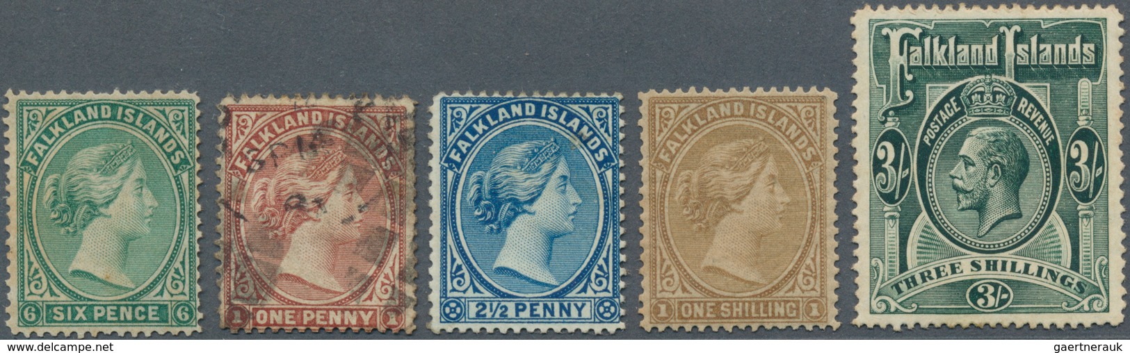 Falklandinseln: 1878/1912, Lot Of Five Stamps, Slightly Varied Condition, Mainly Signed Brun Resp. G - Islas Malvinas
