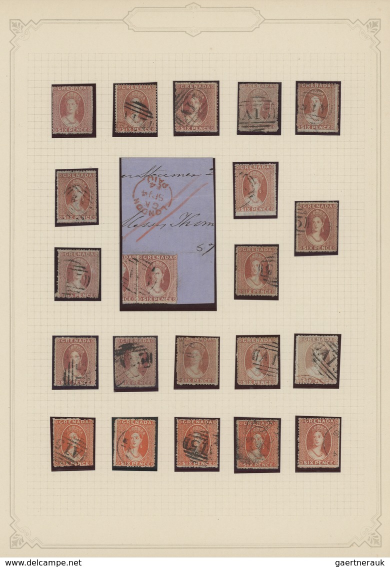 Grenada: 1861/1890, Used And Mit Collection Of 94 QV Heads, Neatly Arranged On Album Pages, Showing - Grenade (...-1974)