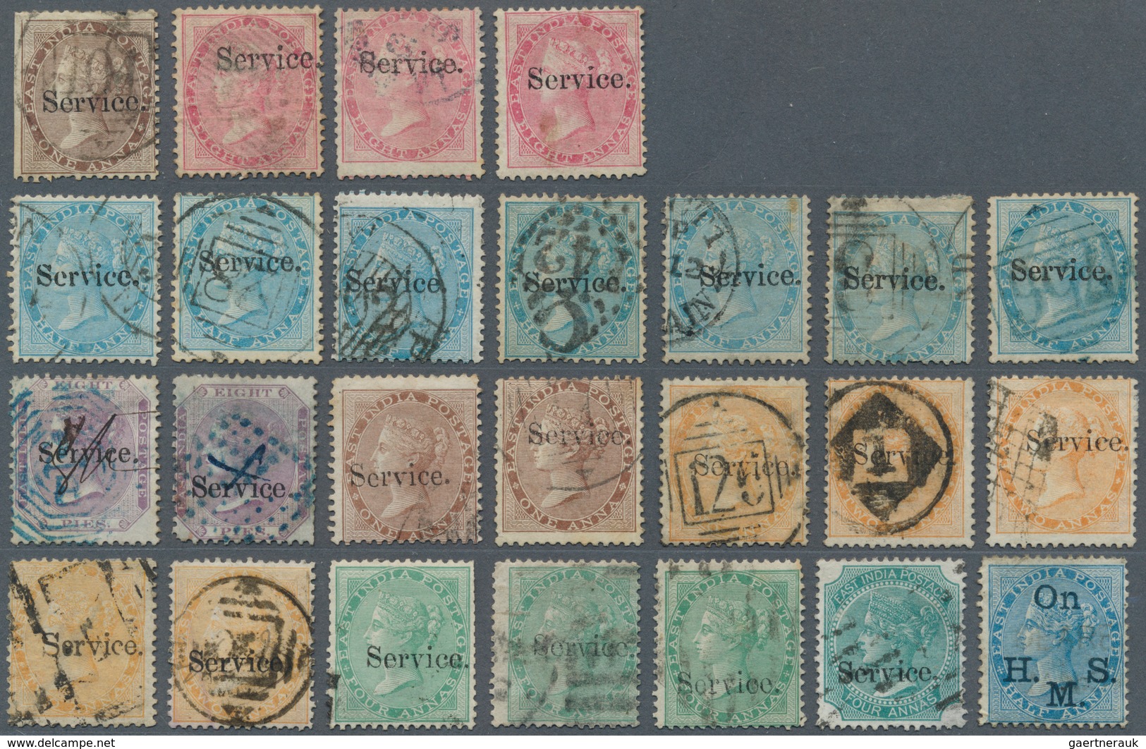 Indien - Dienstmarken: 1866-72, Group Of 24 QV Stamps With Small "Service." Overprint, Plus 1877 ½a. - Sellos De Servicio