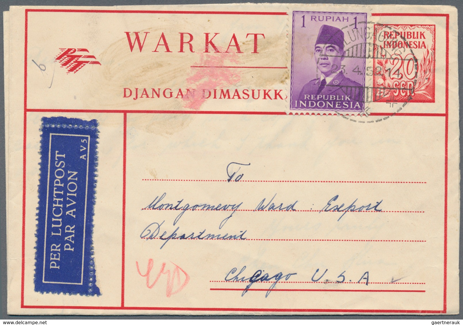 Indonesien: 1949/97 (ca.), stationery envelopes (warkat pos / postblad) specialized stock: 10 S. (mi