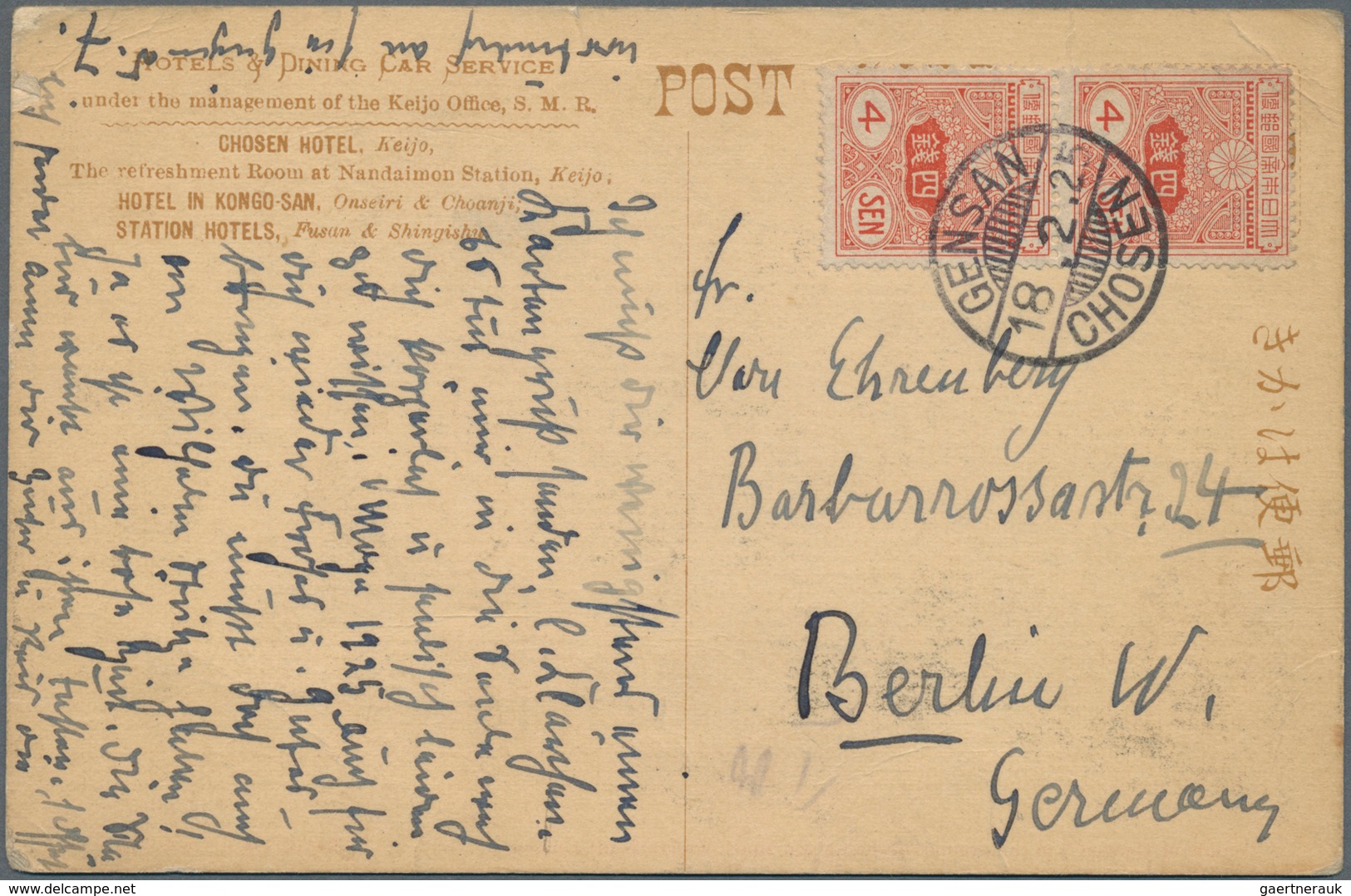 Japanische Post In Korea: 1907/25, "CHEMULPO KOREA"  Resp. "GENSAN CHOSEN" On Two Ppc To Germany; Al - Franchise Militaire