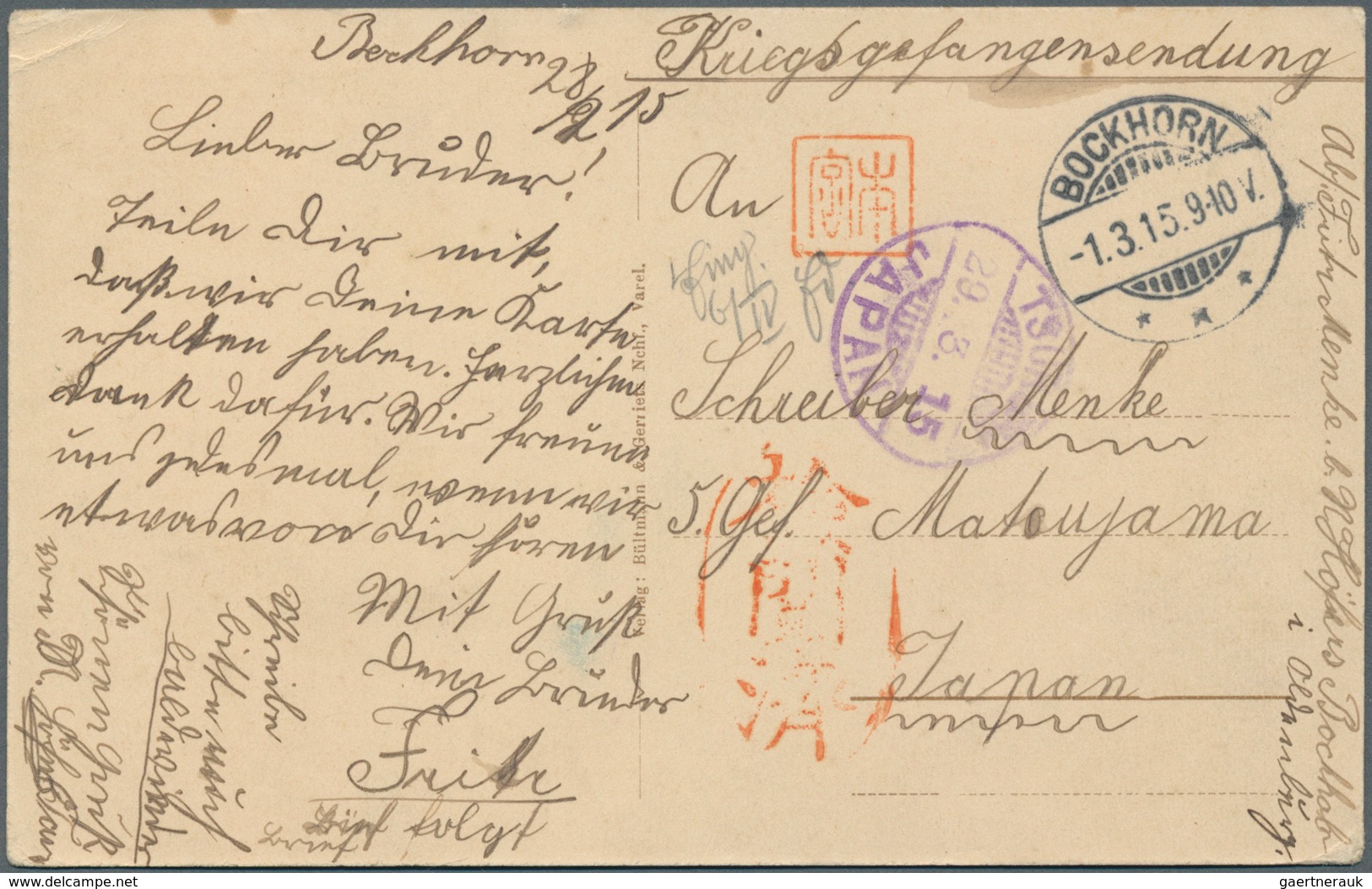 Lagerpost Tsingtau: Matsuyama, 1914/17, Covers (4, One W. Contents: Acknowledgment Of Parcel), And M - China (oficinas)