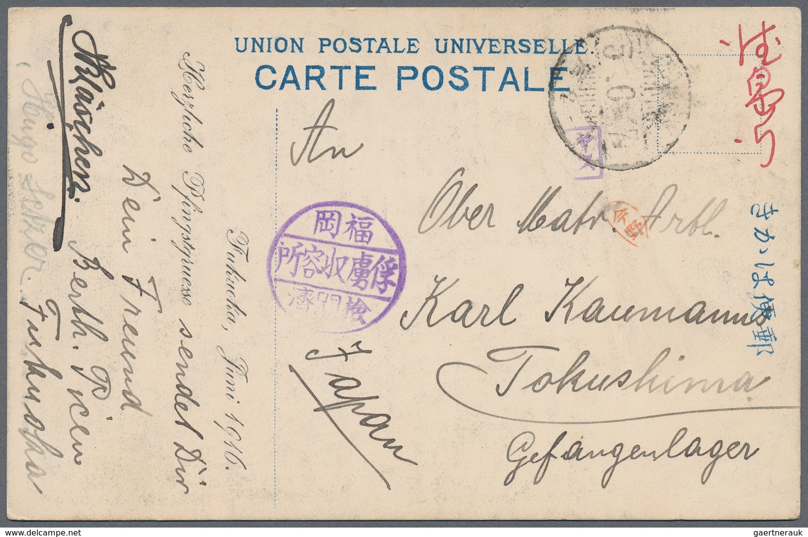 Lagerpost Tsingtau: Fukuoka, 1915/18, Ppc (11) Or Cover (1) Inc. Inbound Card From Germany 1915 (han - Chine (bureaux)