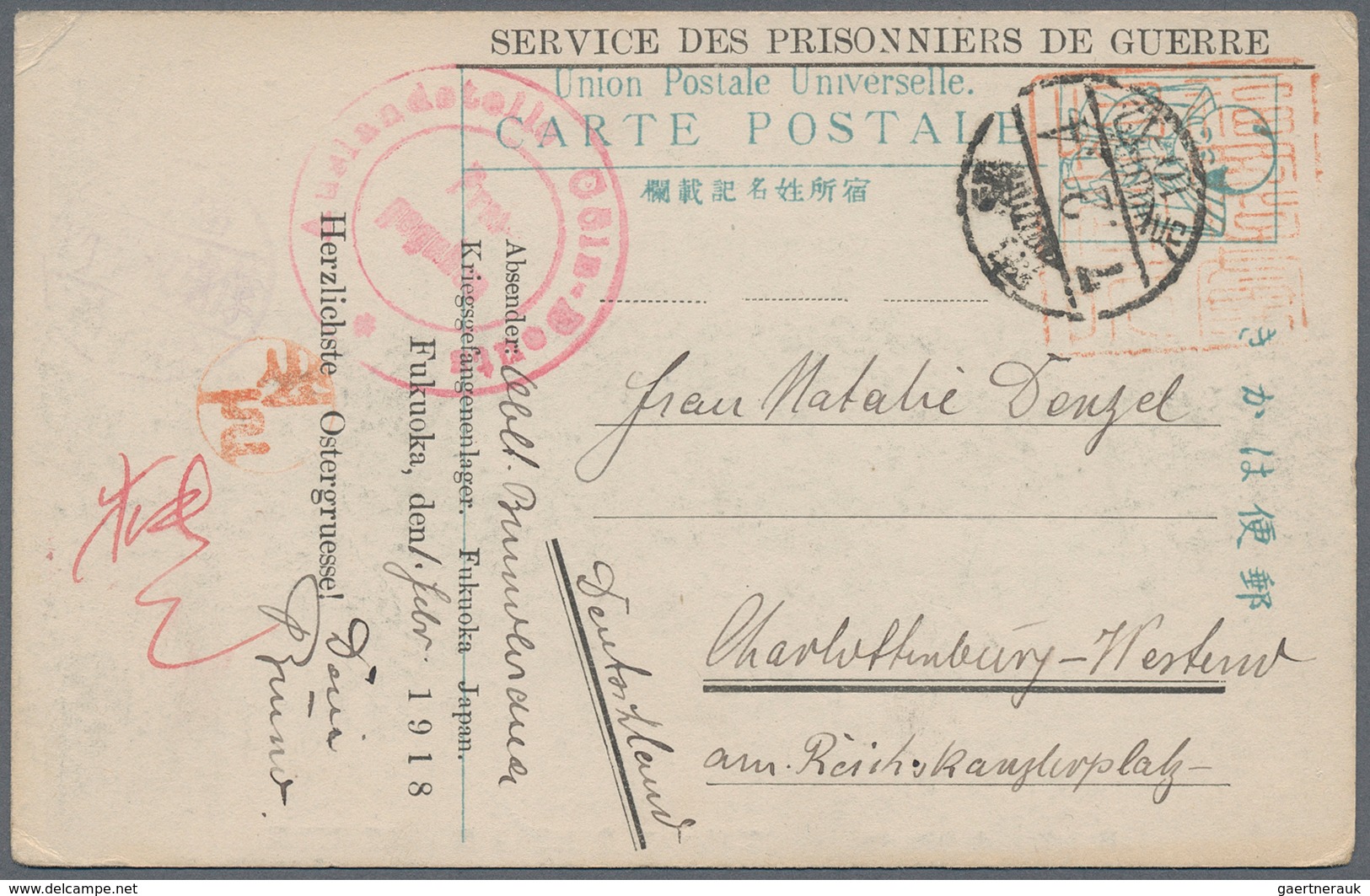 Lagerpost Tsingtau: Fukuoka, 1915/18, Ppc (11) Or Cover (1) Inc. Inbound Card From Germany 1915 (han - Chine (bureaux)