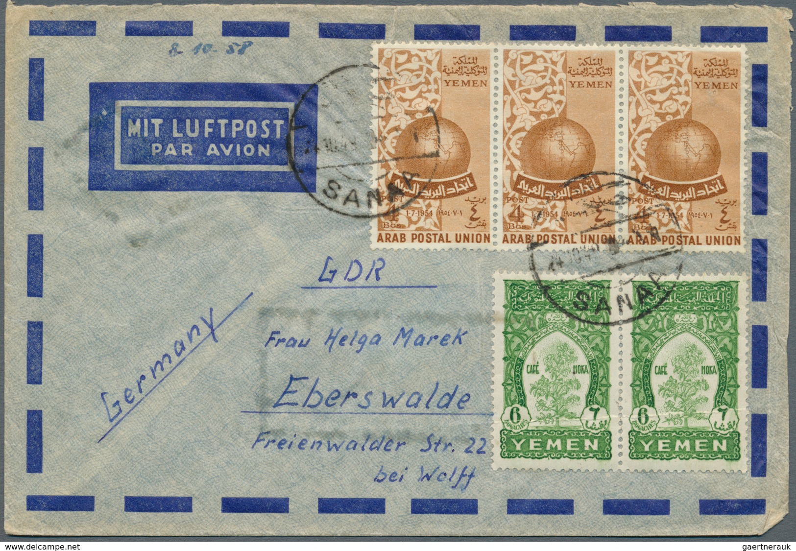 Jemen: 1935/80 (ca.), Lot of 51 comercial covers, many airmails, some interesting cancellations, mos