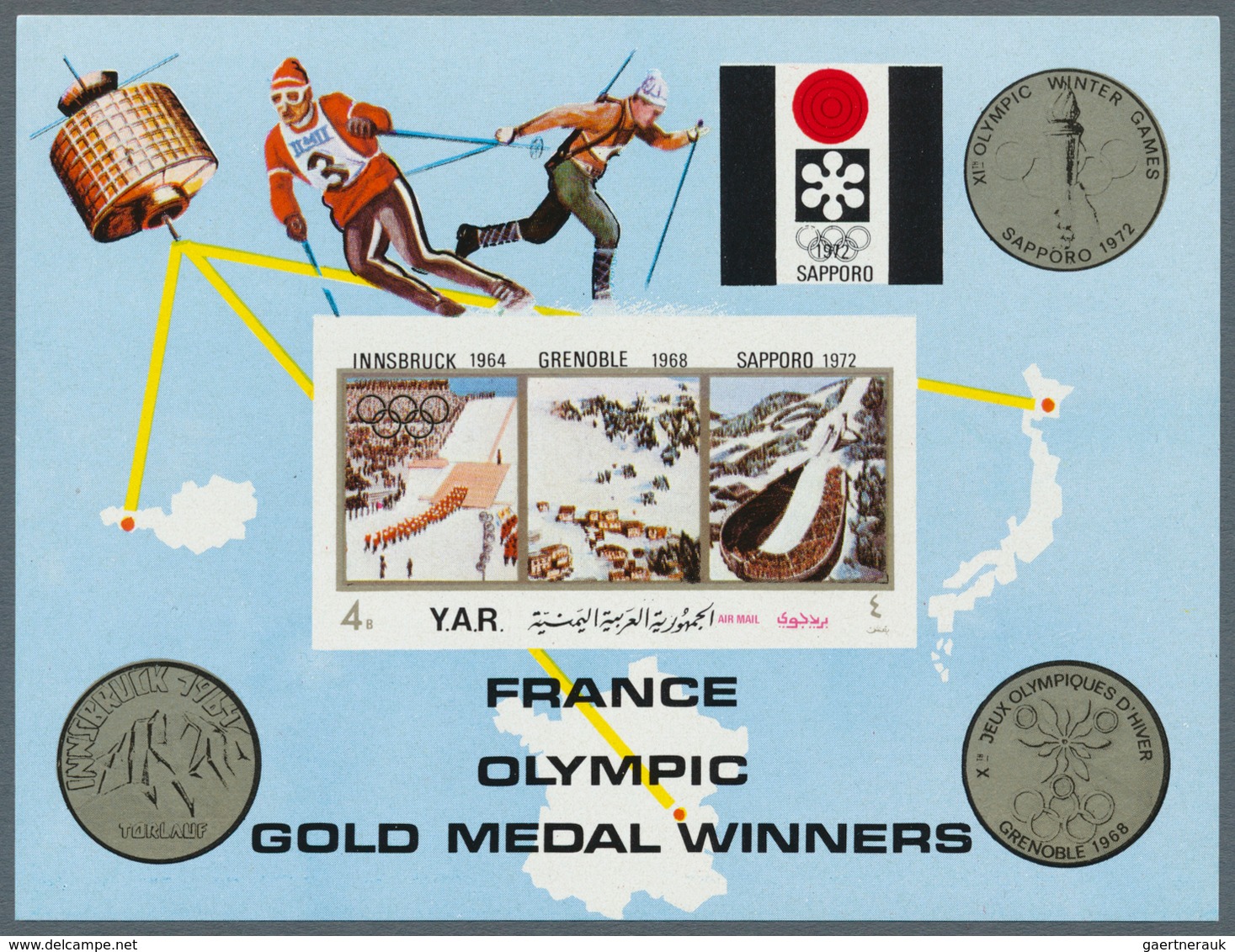 Jemen: 1972, Olympic Gold Medallists From FRANCE Perf. Miniature Sheet 4b. 'Olympic Stadia Of Tokyo, - Yémen