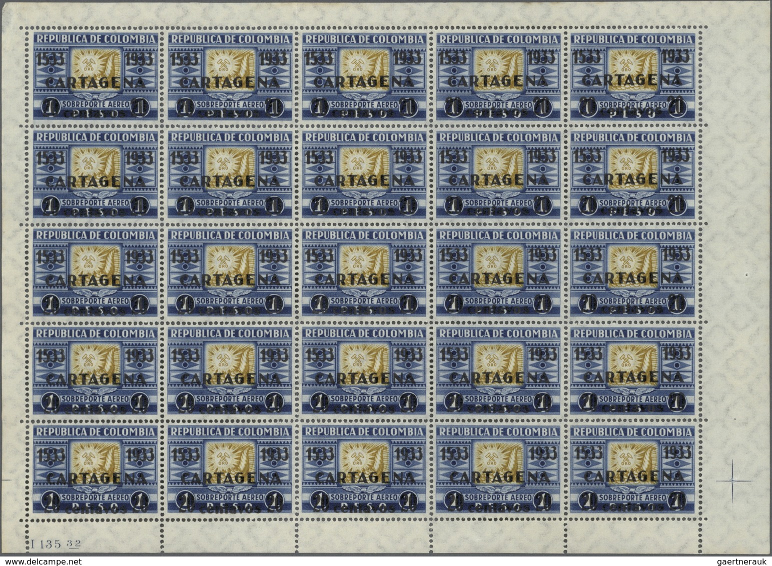 Kolumbien: 1933, 400th Anniversary Of Cartagena, 20c. On 1p. Blue/yellow, Lot Of 1.375 Mint Stamps W - Colombie