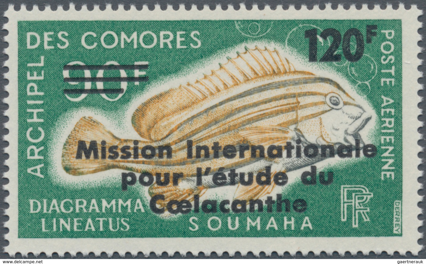 Komoren: 1973, Coelacanthe Mission 90fr. Fish (Gaterin Lineatus) With Black Opt. ‚120 F / Mission In - Comores (1975-...)