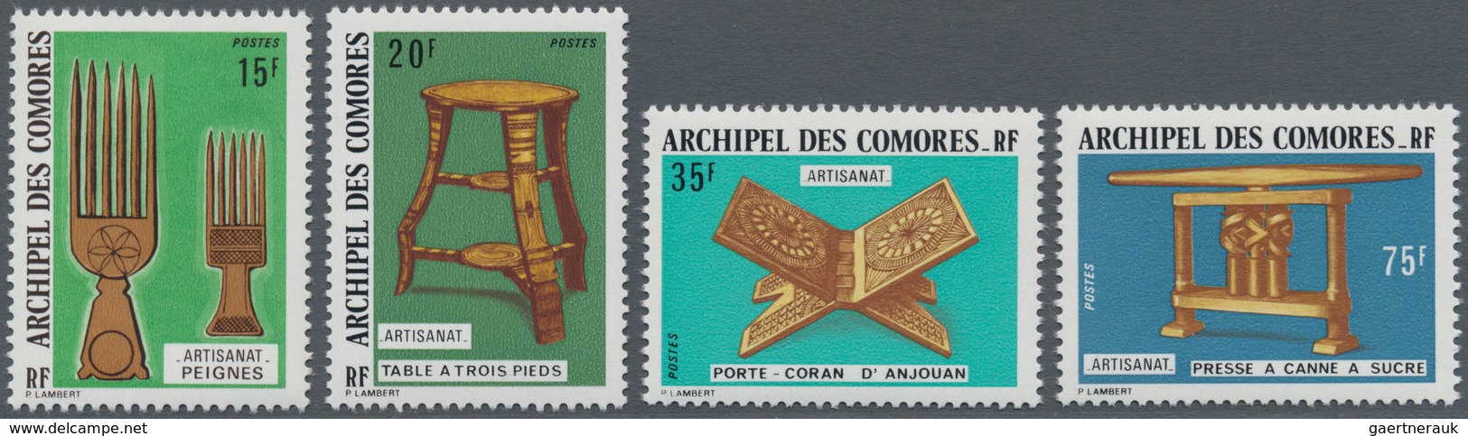 Komoren: 1974, Wooden Arts And Crafts Complete Set Of Four (comb, Three-legged Table, Koran Book Rac - Comores (1975-...)