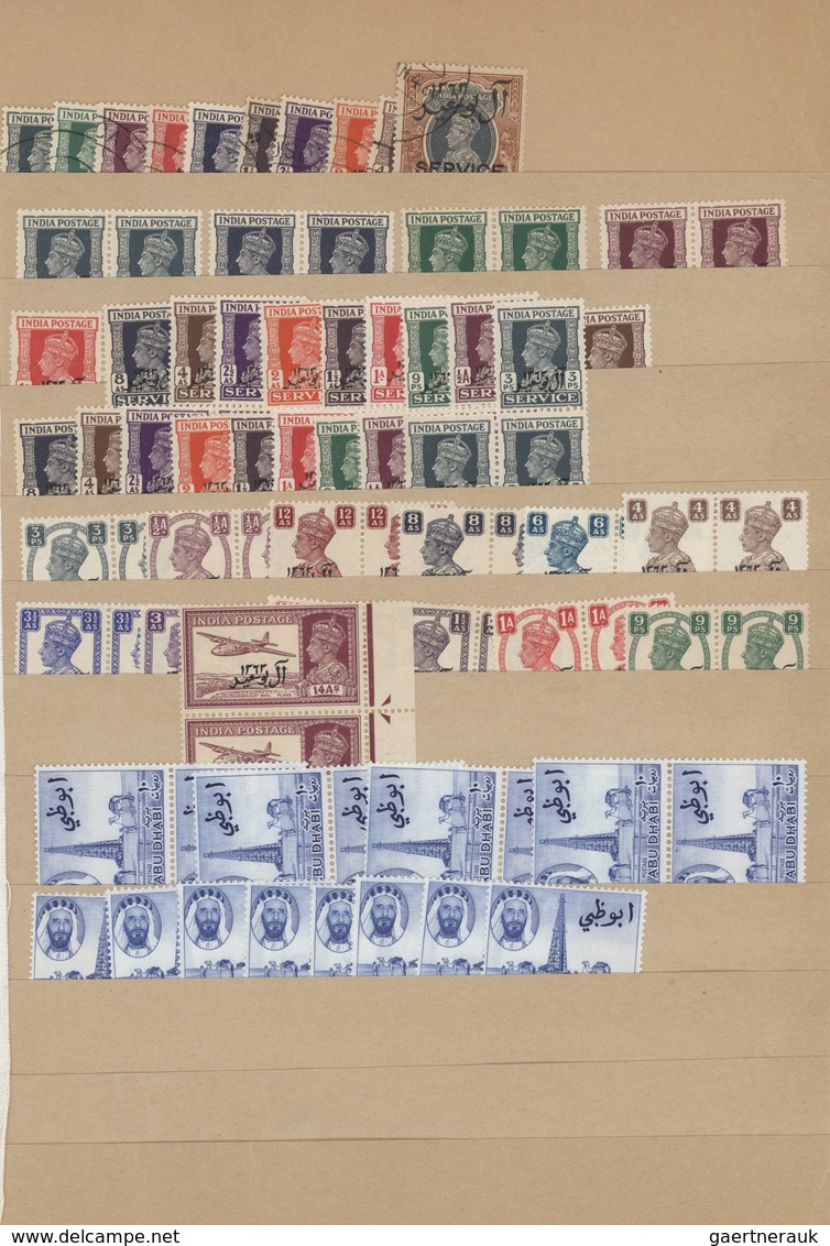 Kuwait: 1930-60, Over 3.500 "KUWEIT" overprinted mint stamps and blocks of four, air mails and offic