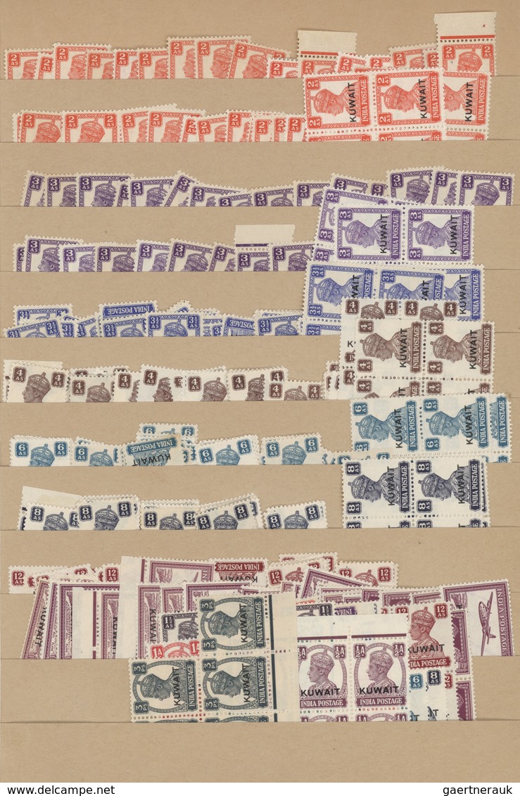 Kuwait: 1930-60, Over 3.500 "KUWEIT" overprinted mint stamps and blocks of four, air mails and offic
