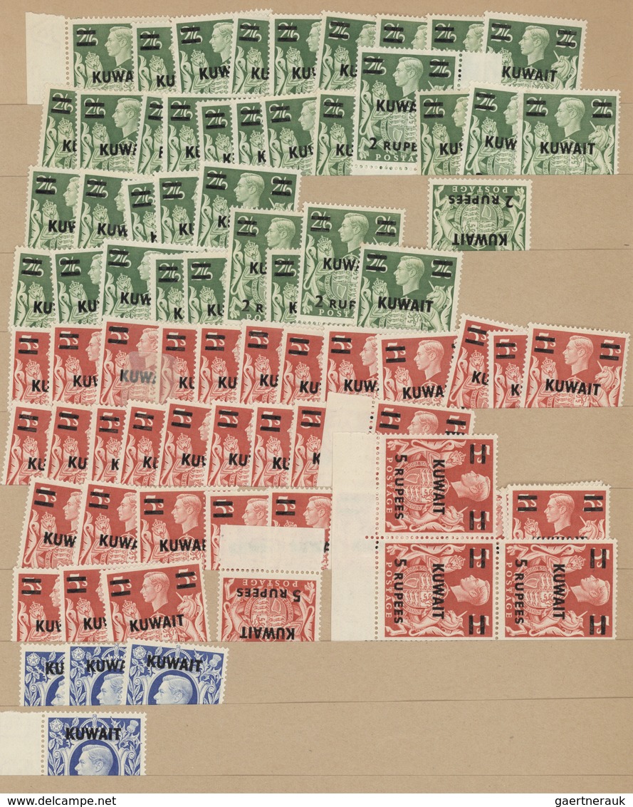 Kuwait: 1930-60, Over 3.500 "KUWEIT" overprinted mint stamps and blocks of four, air mails and offic