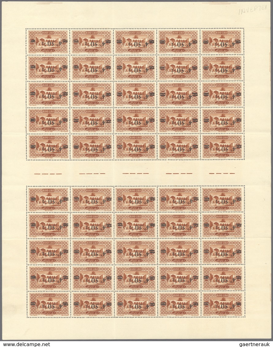 Libanon: 1926, 4.50pi. On 0.75pi. Brownish Red, INVERTED Overprint, (folded) Sheet Of 50 Stamps With - Líbano