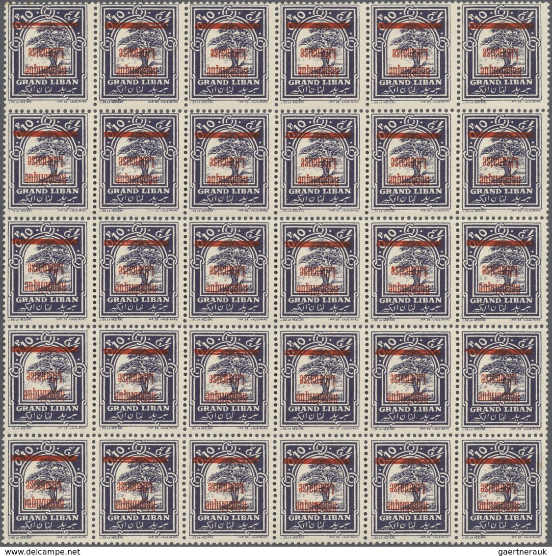 Libanon: 1927, "Republique Libanaise" Overprints, 0.10pi. Blue With Inverted Overprint, Lot Of 80 St - Líbano