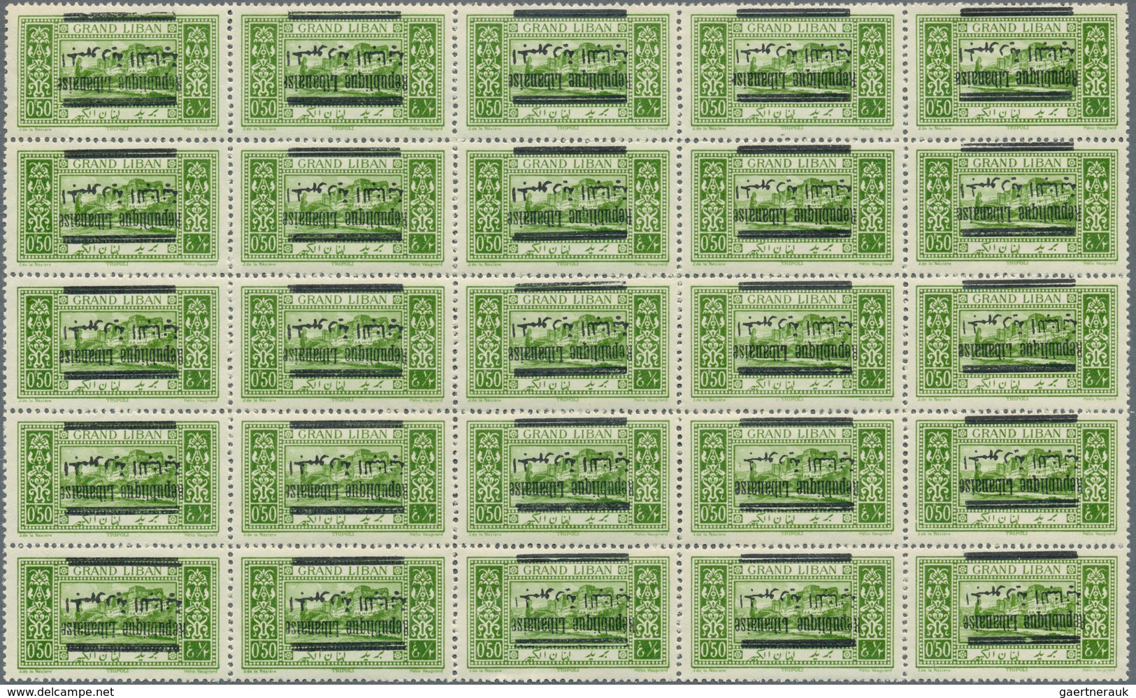 Libanon: 1928, "Republique Libanaise" Overprints, 0.50pi. Yellow-green With Inverted Overprint, Bloc - Lebanon