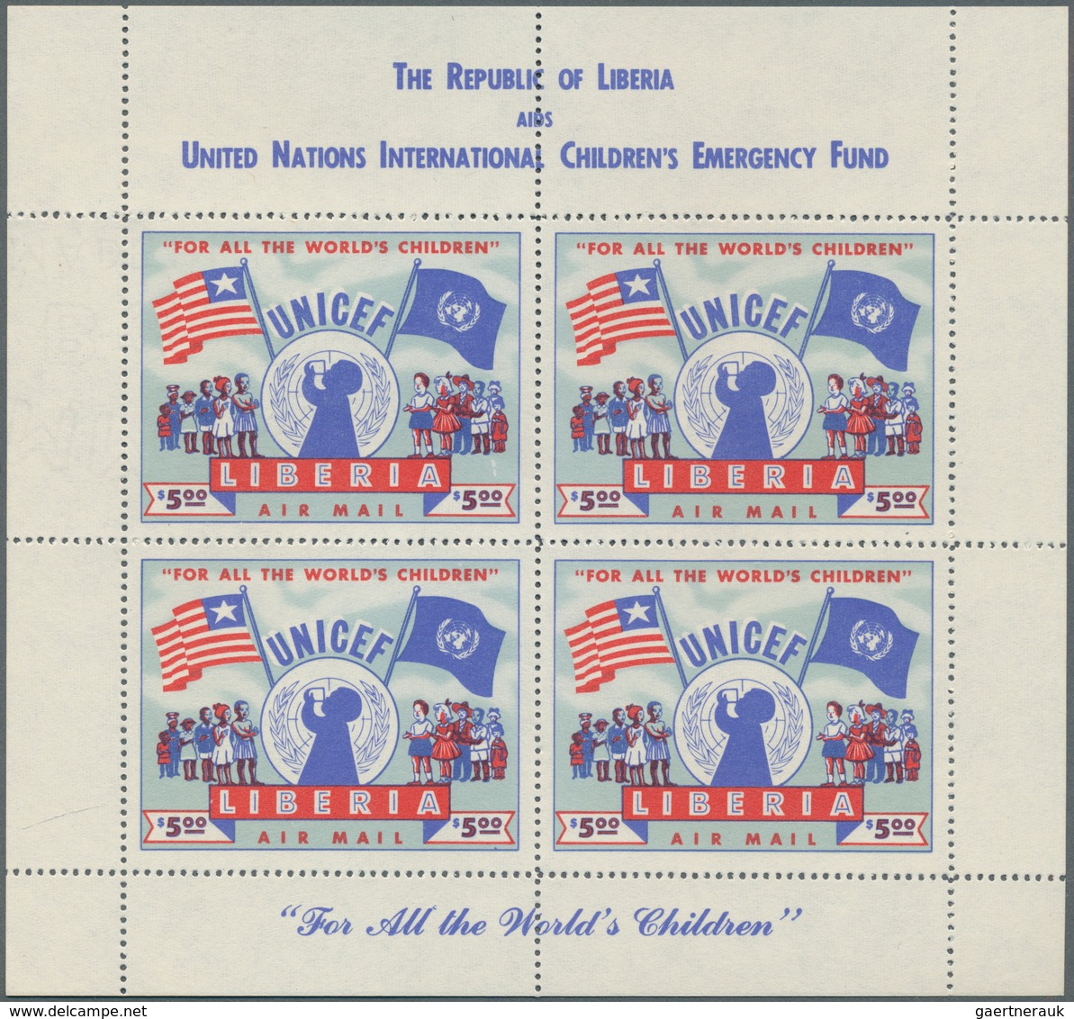 Liberia: 1954, UNICEF 5$ Red/blue (51 X 39 Mm) In A Lot With About 150 IMPERFORATED And 12 Perforate - Liberia