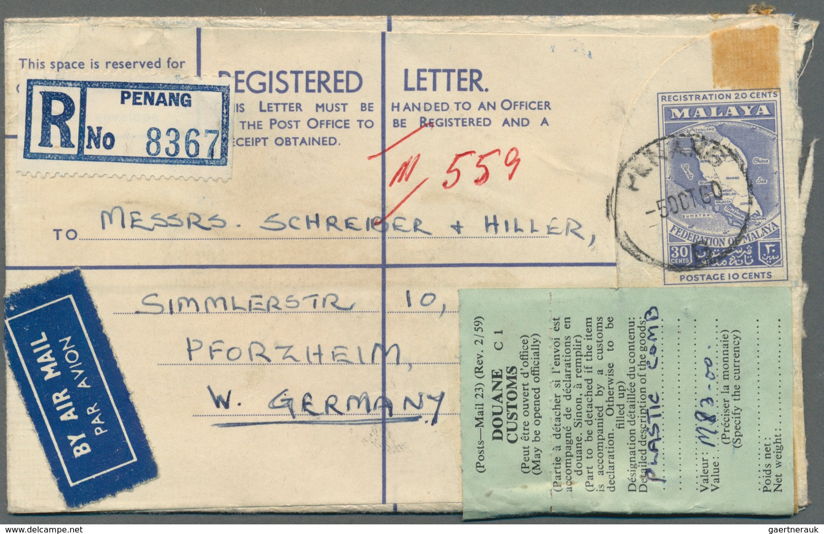 Malaiischer Bund: 1959/1960, Group Of Four Uprated Registered Stationery Envelopes 30c. Ultramarine, - Fédération De Malaya