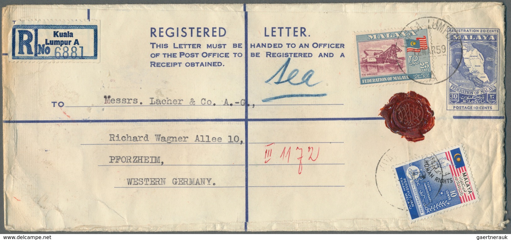 Malaiischer Bund: 1959/1960, Group Of Four Uprated Registered Stationery Envelopes 30c. Ultramarine, - Federation Of Malaya
