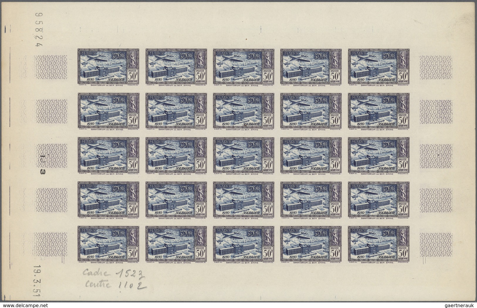 Marokko: 1951, 50fr. Sanatorium Of Ben Smine, Imperforate Colour Proof Sheet Of 25 Stamps "blue And - Cartas & Documentos