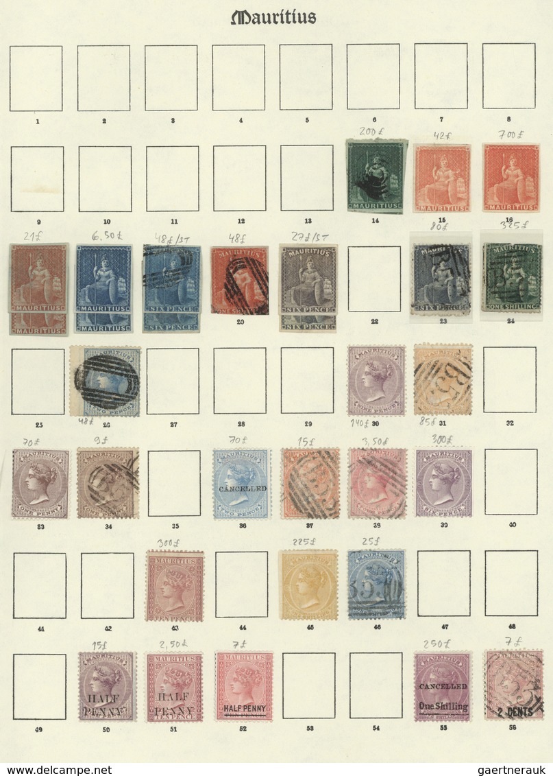 Mauritius: 1858-1935, Collection Of Mint And Used Stamps On Old Album Leaves, From 1858 (4d.) Green - Mauricio (...-1967)