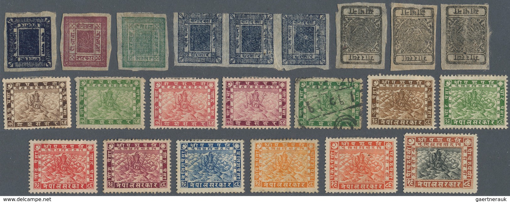 Nepal: 1880/1940 (ca.), Mint And Used On Stock Card, Inc. 4 A. Green Unit Of 3, Plus 1 A. Black Larg - Népal