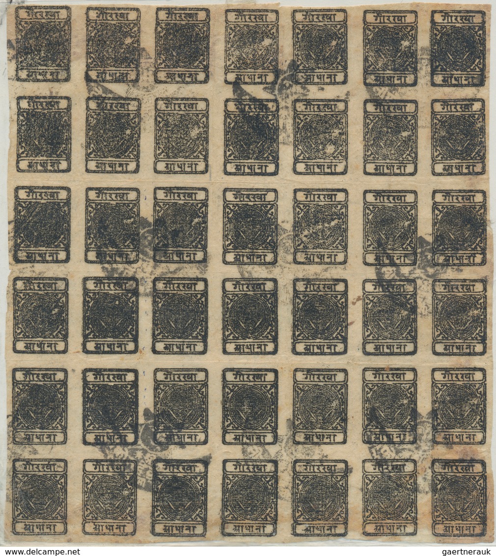 Nepal: 1880/1940 (ca.), Mint And Used On Stock Card, Inc. 4 A. Green Unit Of 3, Plus 1 A. Black Larg - Népal