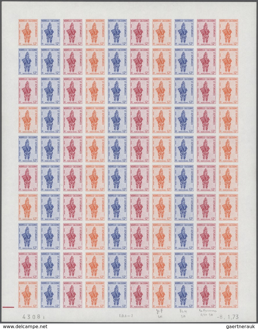 Neukaledonien: 1973. Lot Of 3 Color Proof Sheets Of 100 For The Definitive Issue "Tchamba Mask". Pri - Neufs