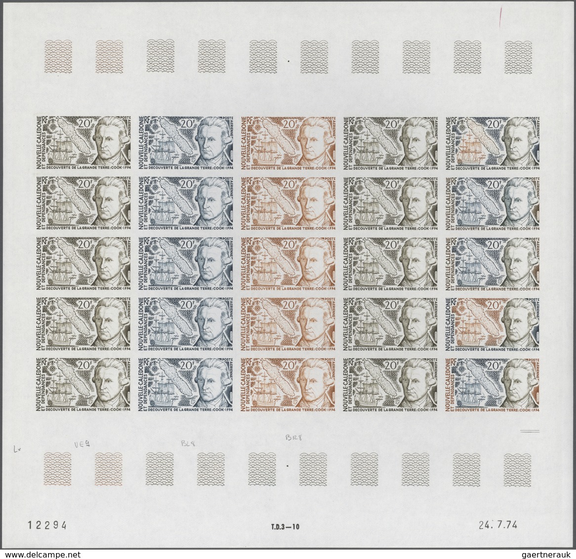 Neukaledonien: 1974. Lot Of 5 Color Proof Sheets Of 25 For The Complete Issue "200th Anniversary Of - Neufs