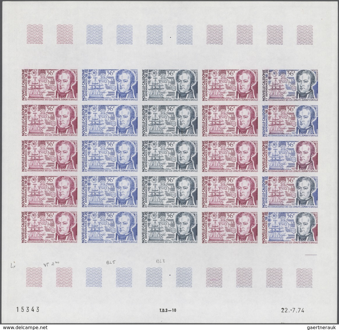 Neukaledonien: 1974. Lot Of 5 Color Proof Sheets Of 25 For The Complete Issue "200th Anniversary Of - Nuevos