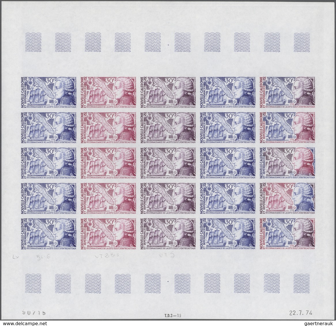 Neukaledonien: 1974. Lot Of 5 Color Proof Sheets Of 25 For The Complete Issue "200th Anniversary Of - Neufs