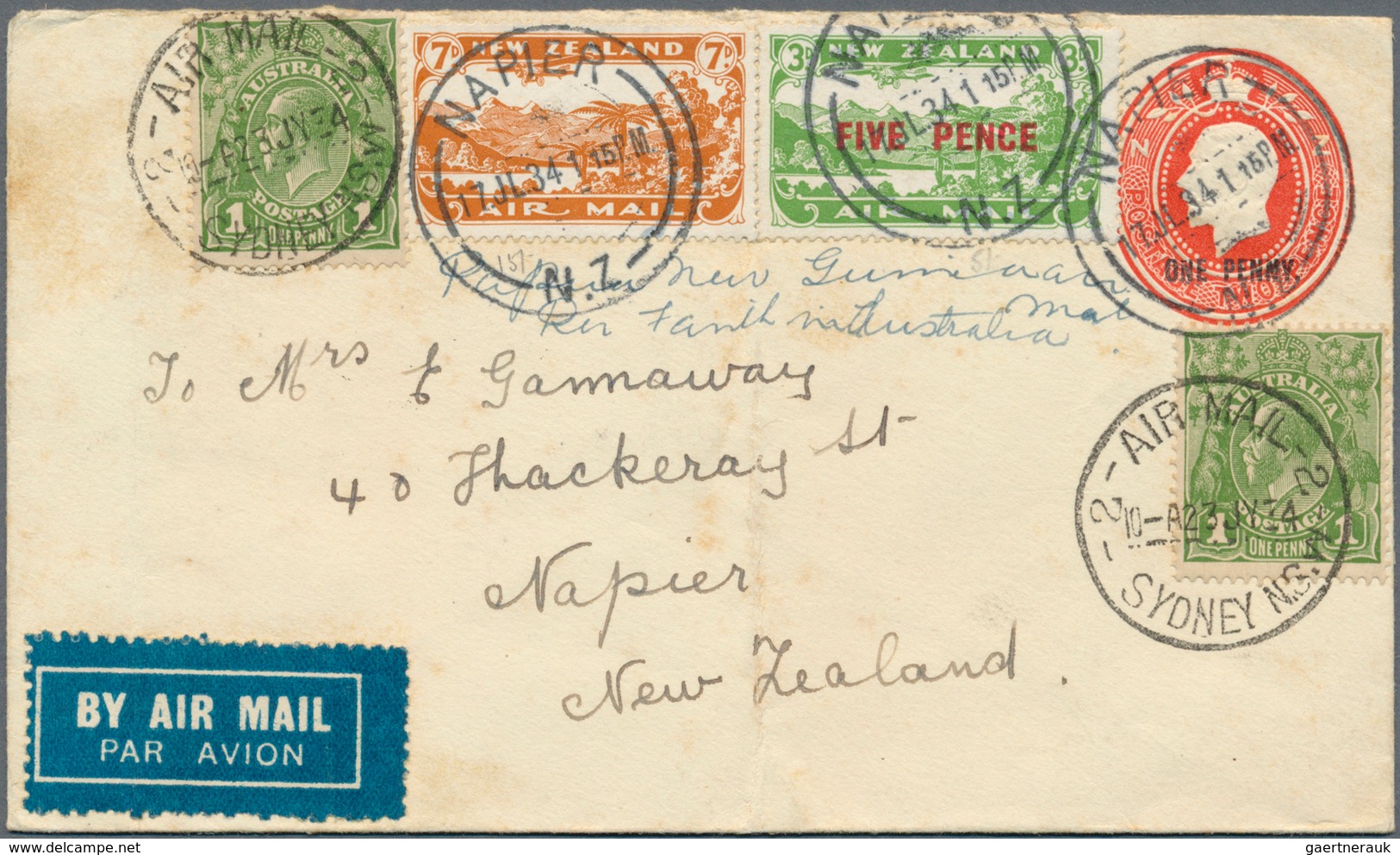 Neuseeland: 1934-37: Five Airmail Covers, With 1934 Cover To India And P/s Envelope 1d. On 2d. Used - Otros & Sin Clasificación