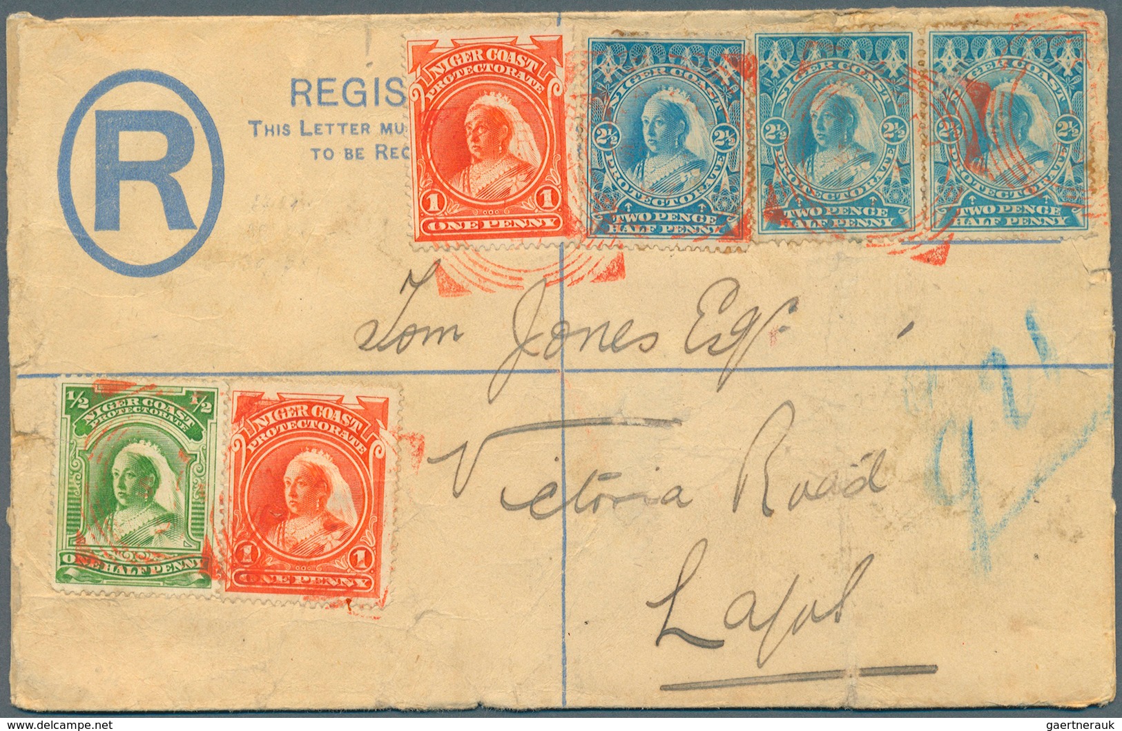 Nigeria: 189371912, Lot Of Nine Comercial Items: Stationery Registered-covers, 1897 Niger-coast, Red - Nigeria (...-1960)